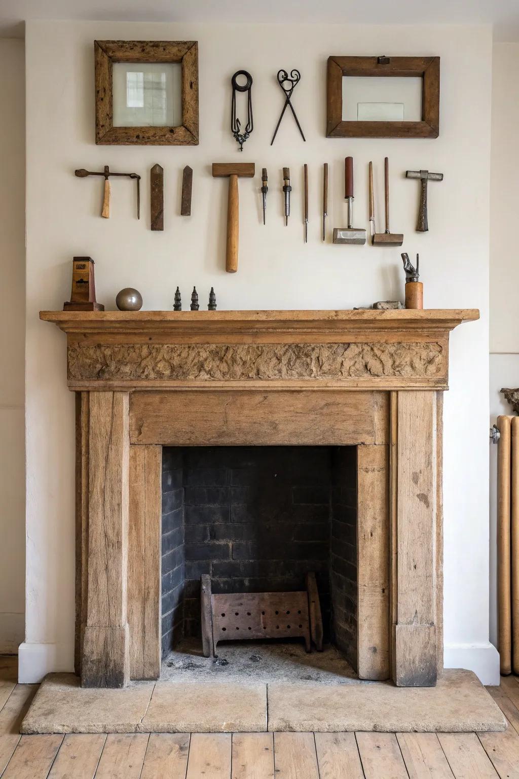 Vintage hand tools as wall art above an antique mantel—warm wood, worn metal, bold contrast.