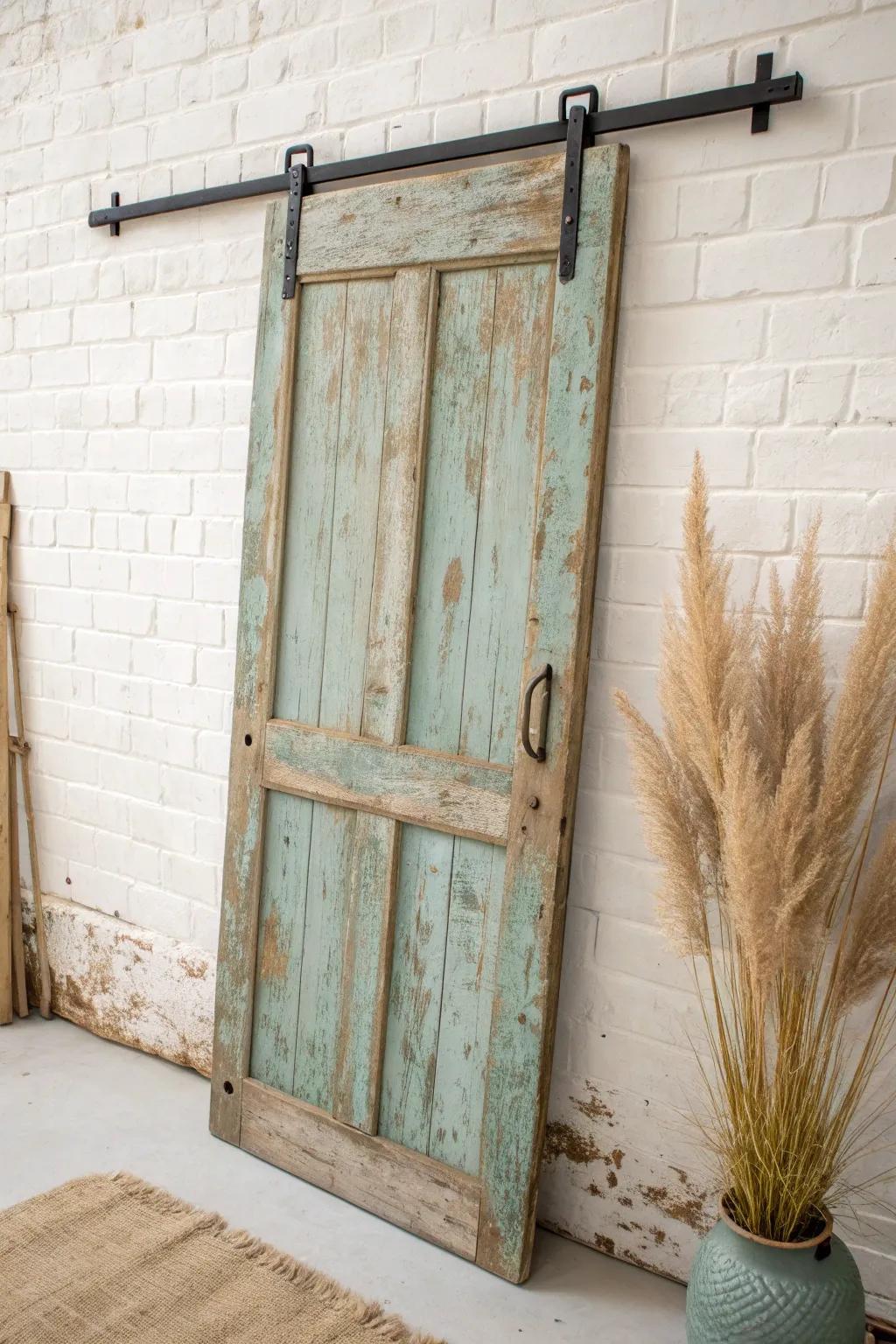 Frame your antique display with a reclaimed door—instant stage-like backdrop and vertical space.