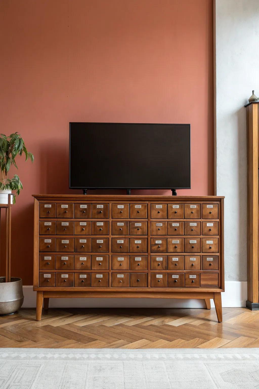 Card-catalog TV stand with tiny labeled drawers—museum-worthy storage with warm walnut charm.
