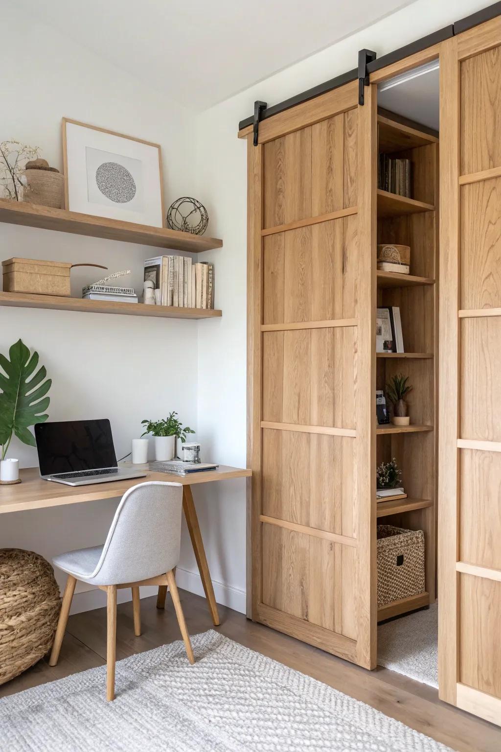 Sliding wood art panel reveals a hidden desk—apartment-friendly, minimal, and beautifully crafted.