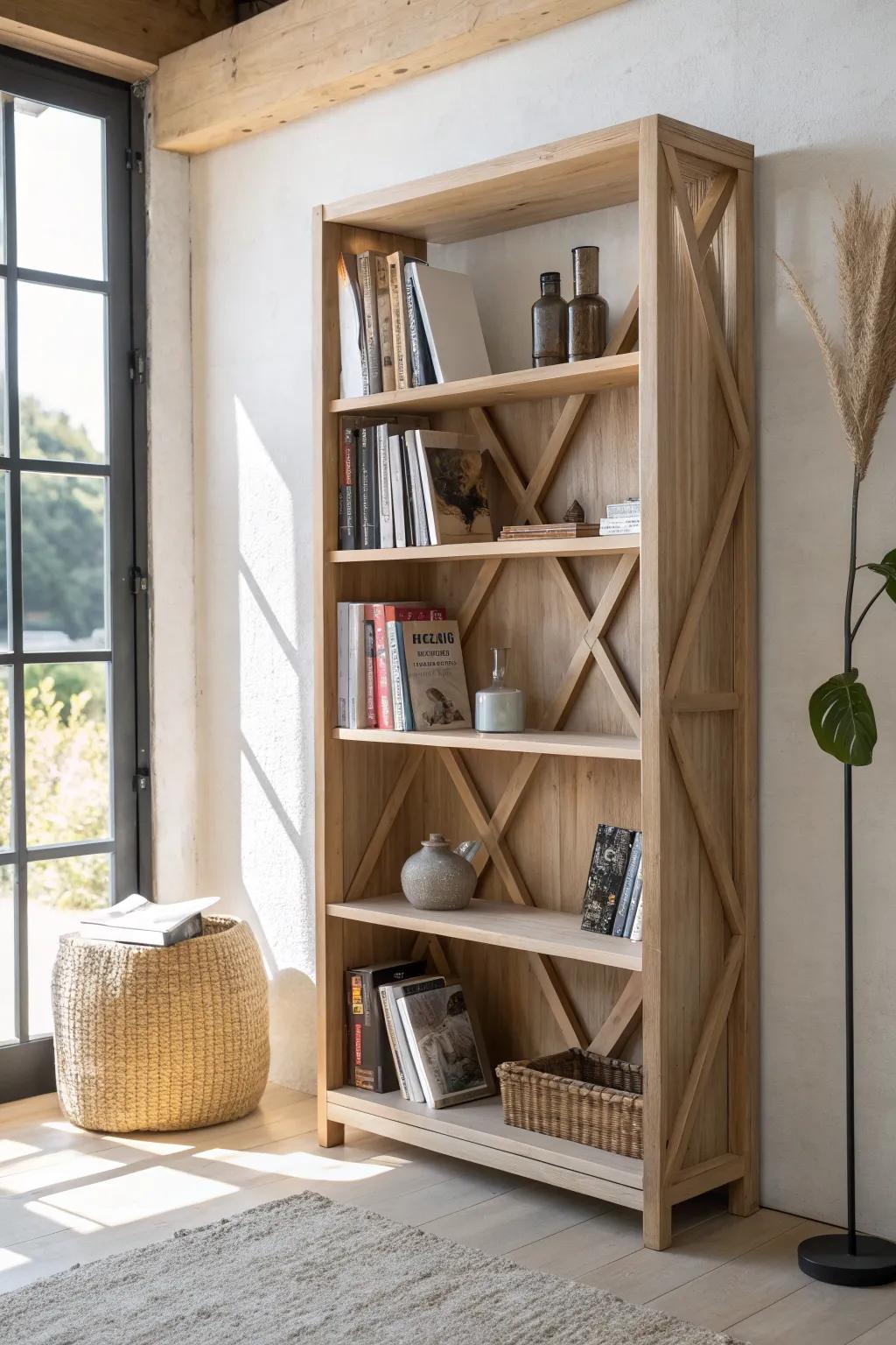 A diagonal shelf cuts through the grid—turning apartment book storage into sculptural wall art.