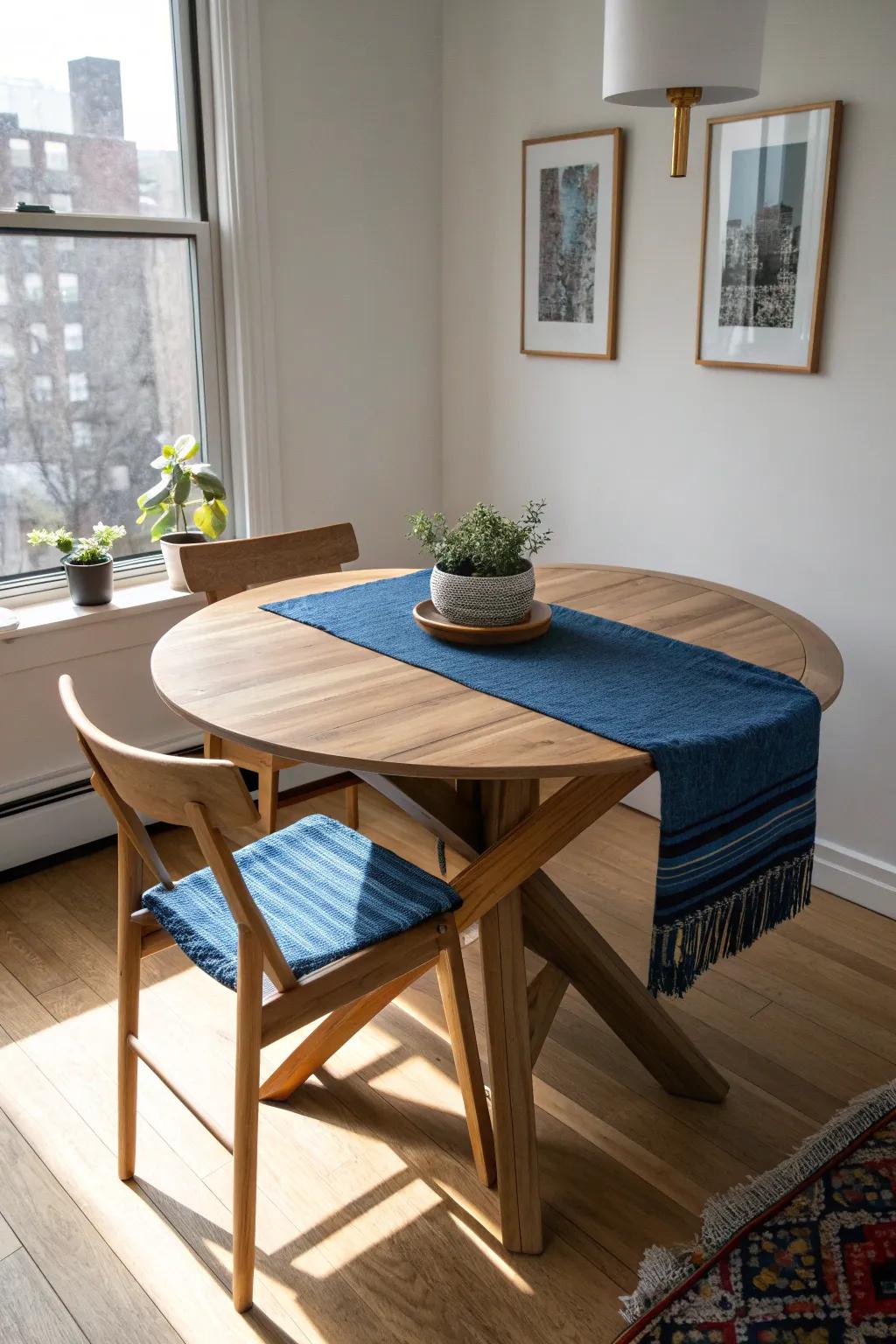 A diagonal round wood table layout that steals inches and keeps a small dining nook airy.