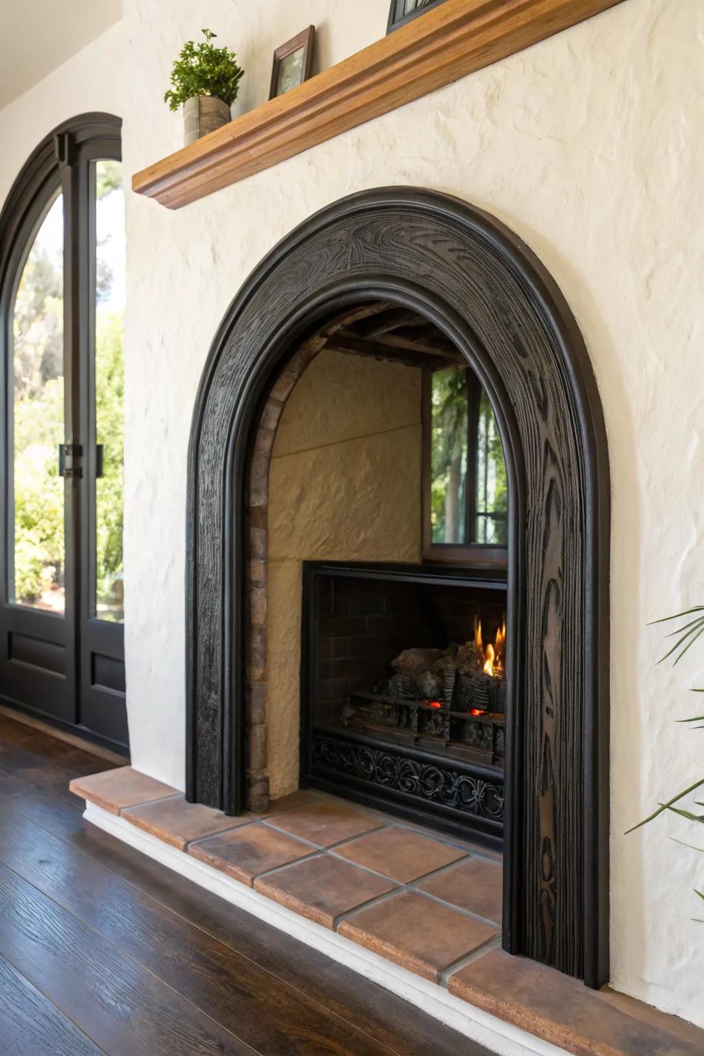 Dramatic arched fireplace framed in charred wood—smoky grain against soft white plaster.