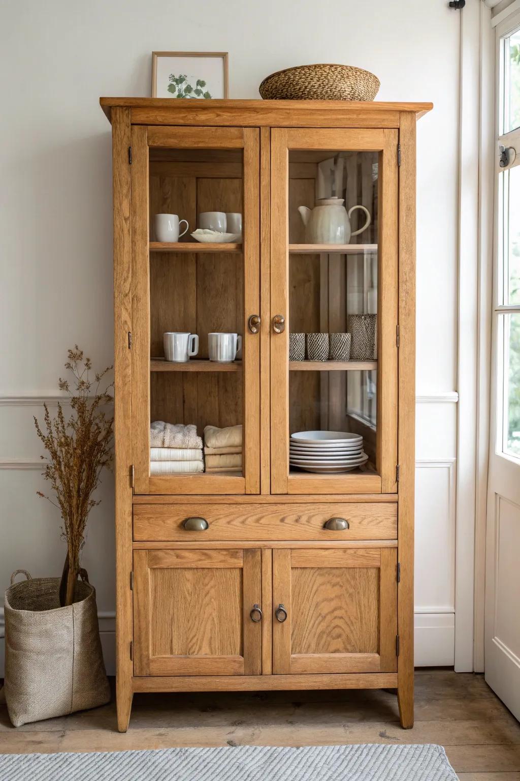 Glass-front armoire doors turn your coffee bar into a light, airy café-style mug display.