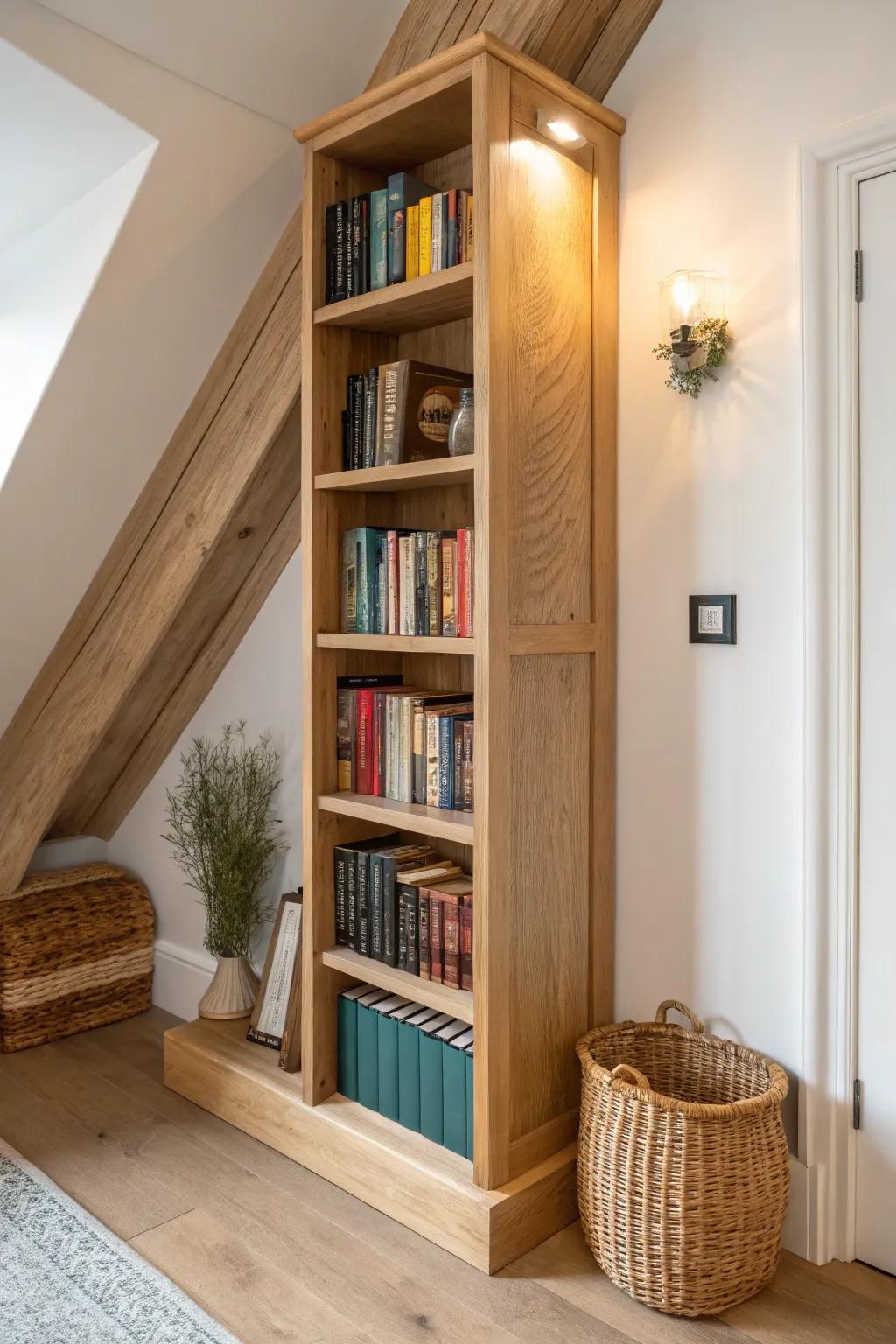 Turn an attic stair landing into a micro library—slim oak shelves and a warm reading light.