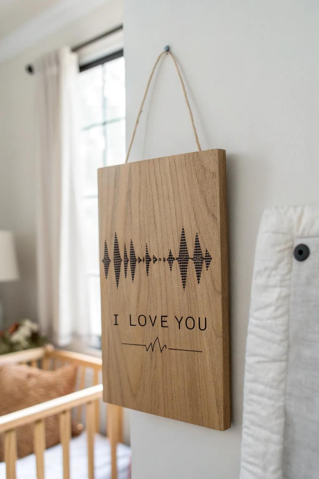 Custom lullaby soundwave engraved in wood—modern heirloom wall art for a dreamy crib corner.