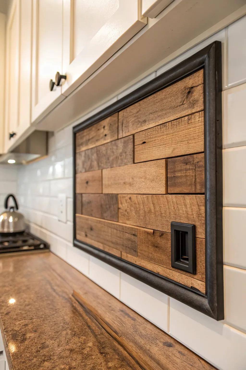 Sealed reclaimed-wood insert brings a warm, handcrafted focal point to cherry cabinetry.