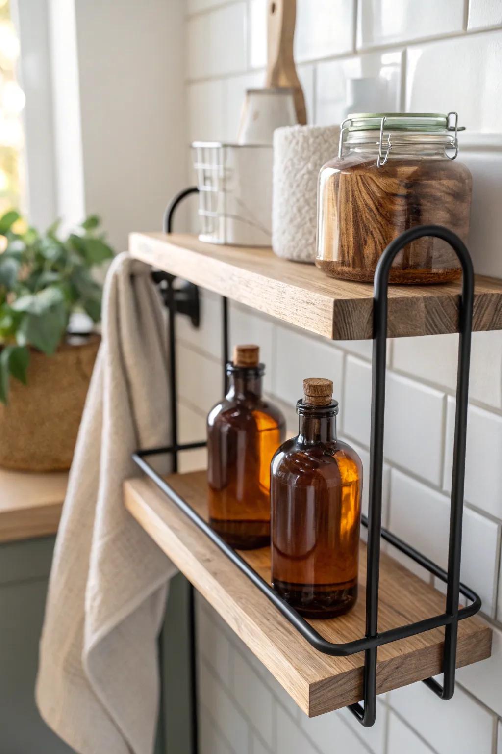 Add a slim syrup shelf with a wood lip rail—keeps bottles steady and your coffee bar tidy.