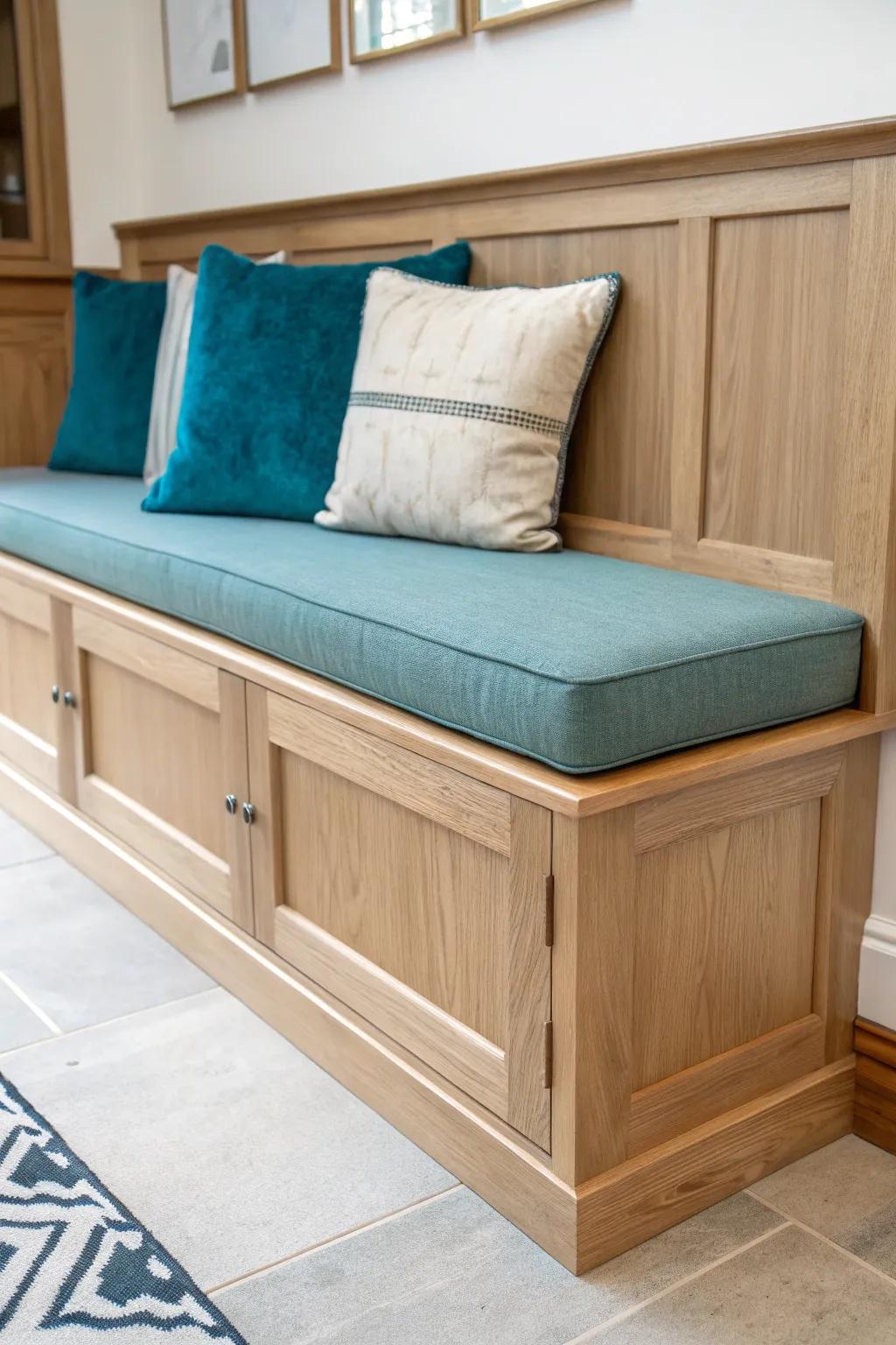 Secret-door banquette seating—seamless trim hides a deep cubby for board games and trays.