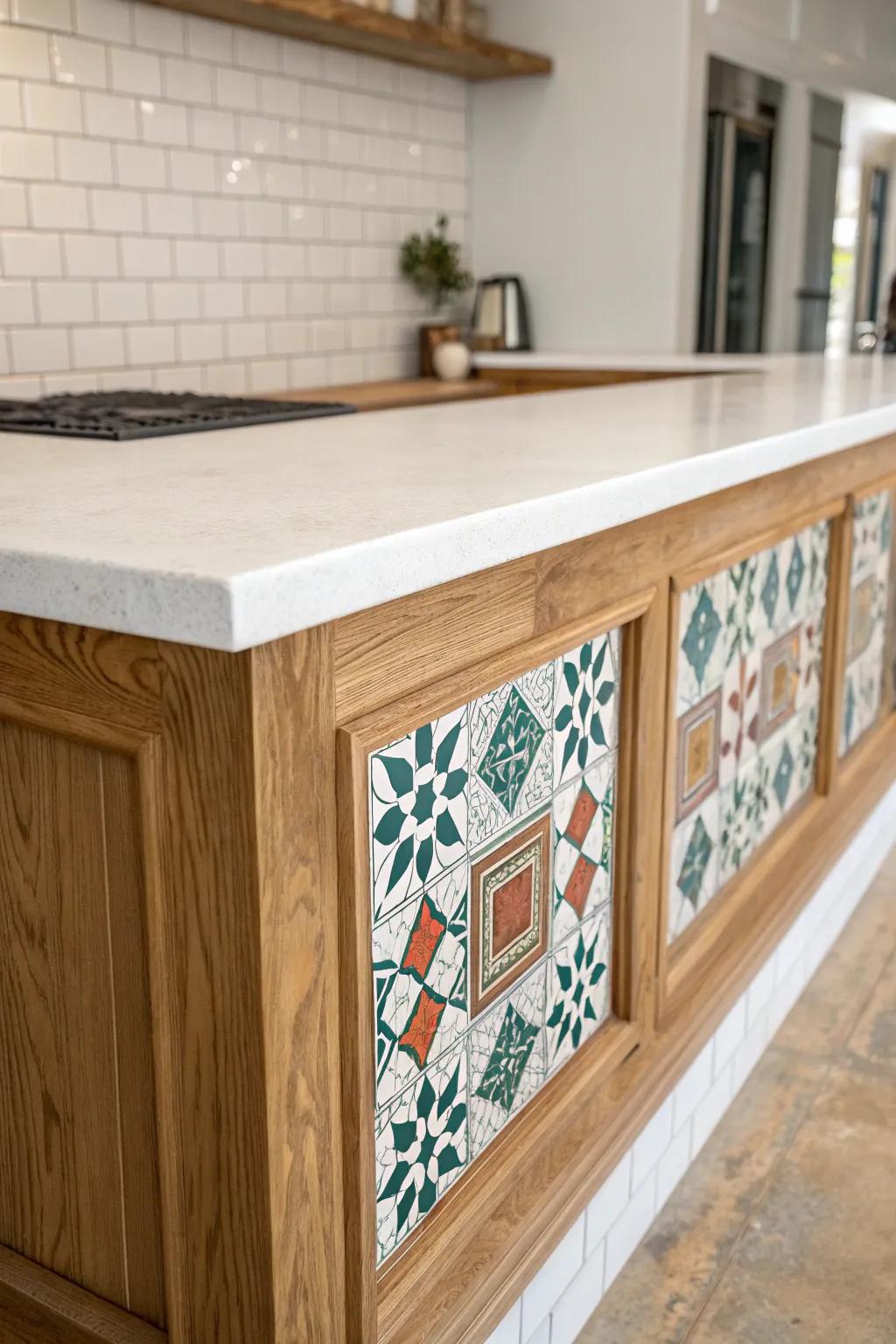 A wood-framed tile inset bar top—bold pattern, warm oak, and clean Scandinavian contrast.