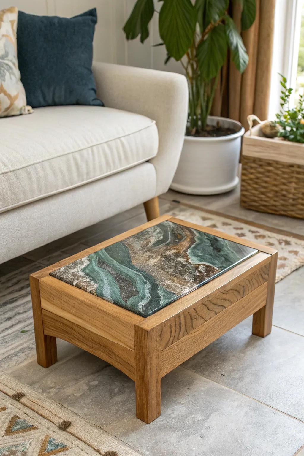 Metallic epoxy swirls like liquid stone—paired with light oak for a bold, seamless bar floor moment.