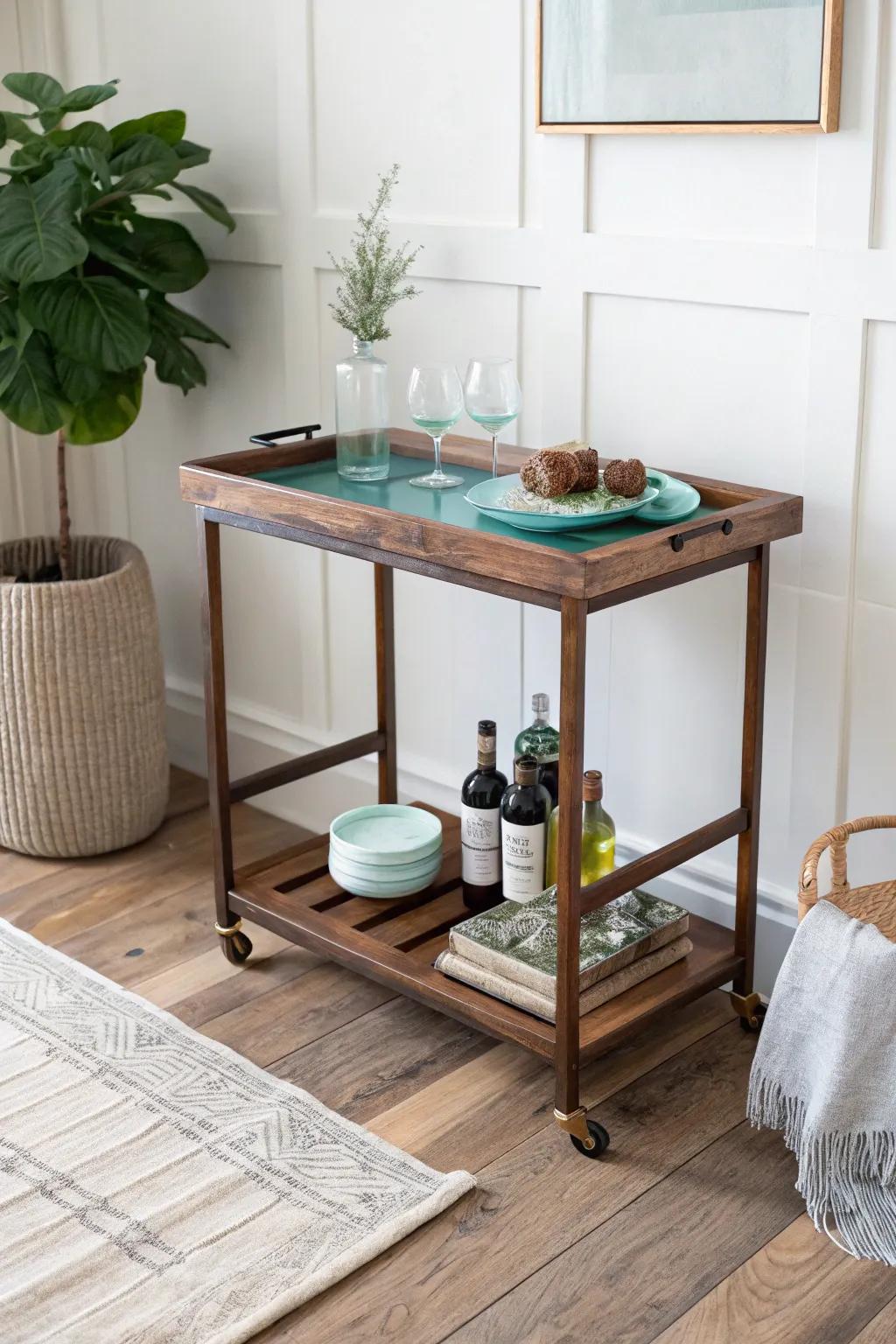 Live-edge walnut with a slim resin “river” turns your bar station into functional art.