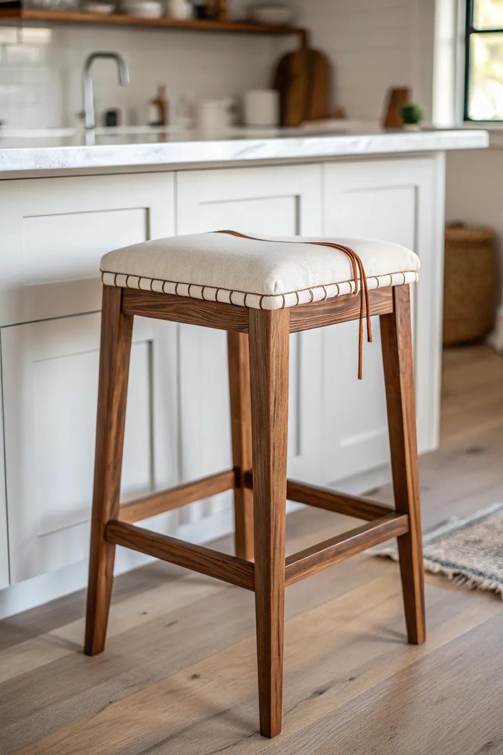 Cozy, washable slipcovered bar stool—soft linen over warm wood for an inviting white kitchen.