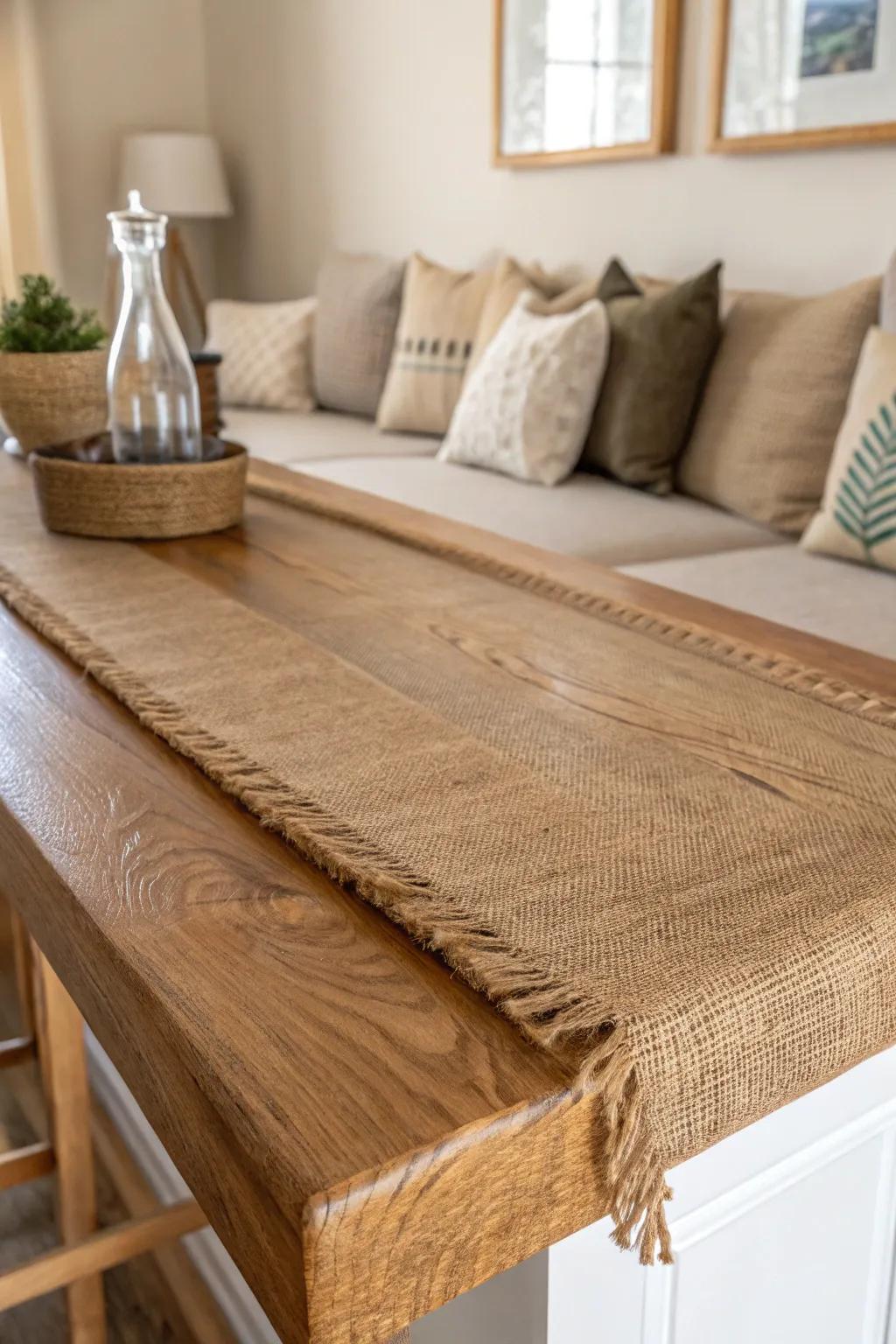 Burlap-wrapped bar top under clear coat: farmhouse texture with wipe-clean shine.