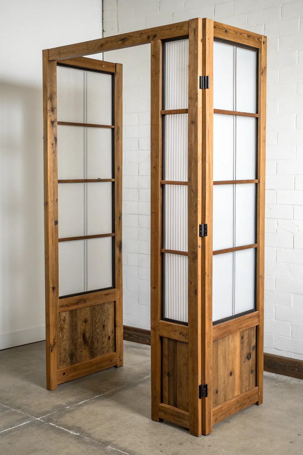 Reclaimed barn beam room divider—airy frame detail with glass and slats for light.