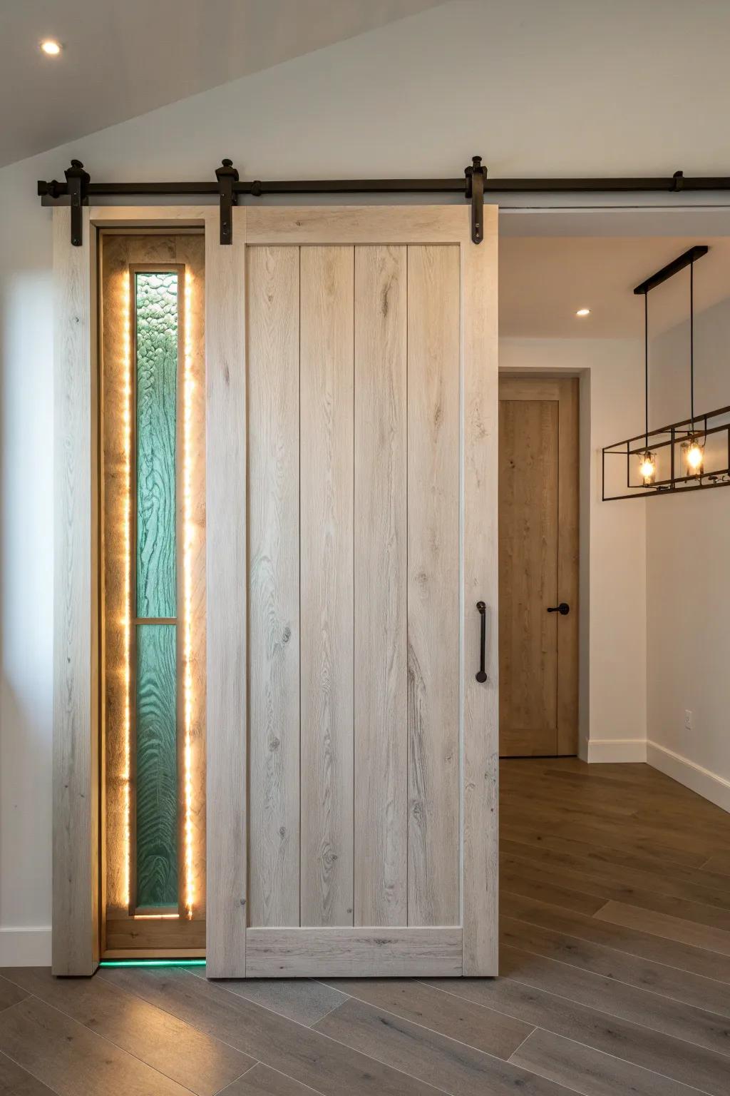 Minimal barn door with glowing resin inlay—Scandi warmth meets modern craft drama.