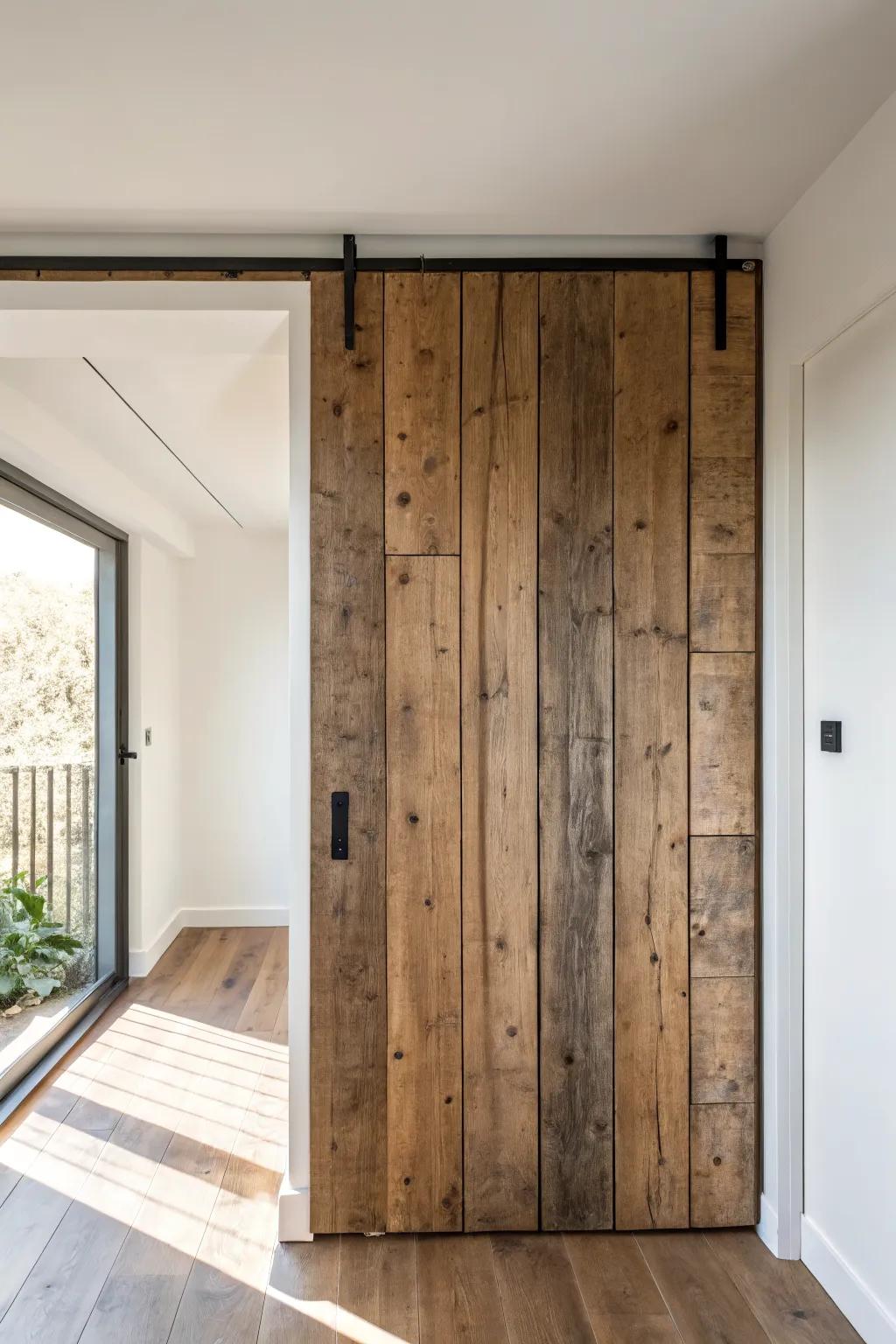 A barn wood wall that hides a door—matched planks and a tiny pull make it vanish.