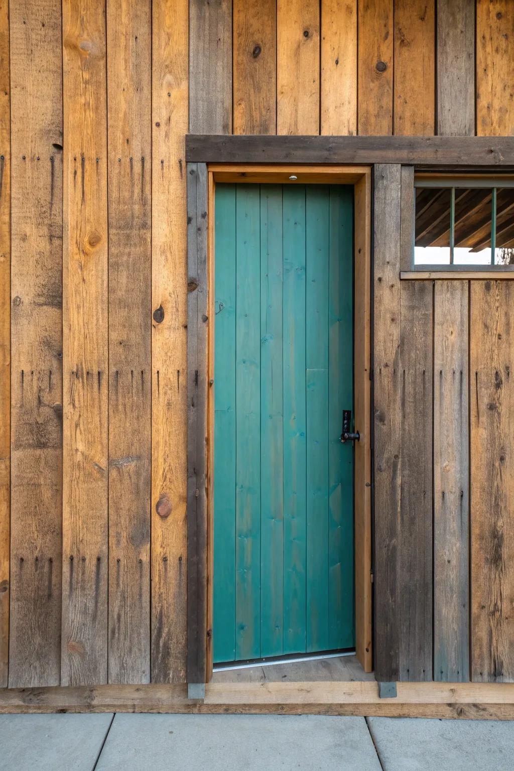 A barn wood wall with a hidden flush door—just a shadow line and a hint of bold teal within.