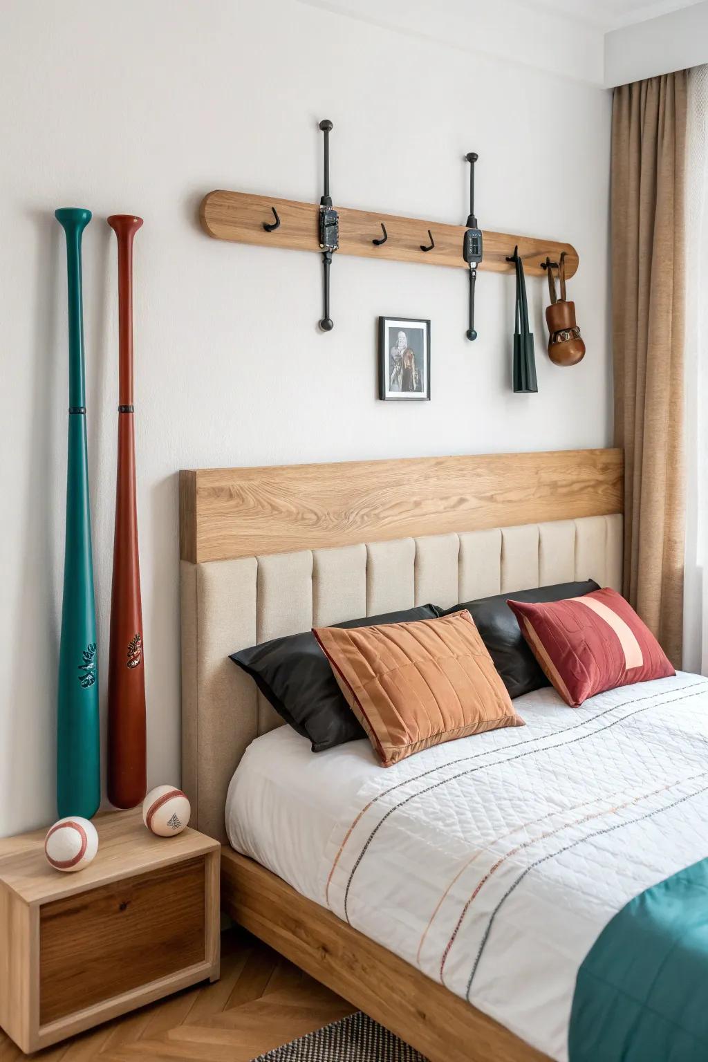 A handcrafted oak bat rail doubles as a sleek headboard—bold, space-saving wall decor.