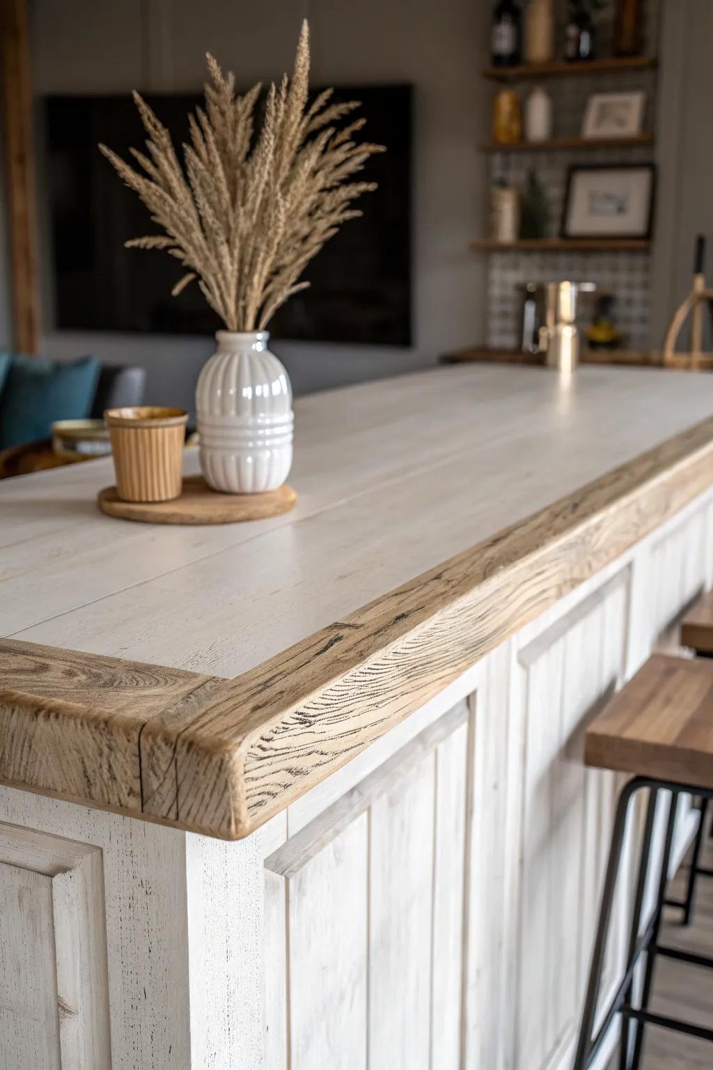 Whitewashed farmhouse bar top: bright, airy, and wood-grain rich for cozy basements.