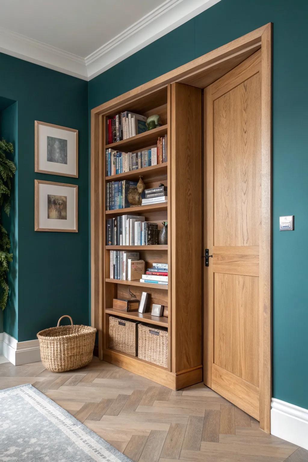 A secret bookshelf door that swings open to hide basement utilities—sleek, magical, and practical.