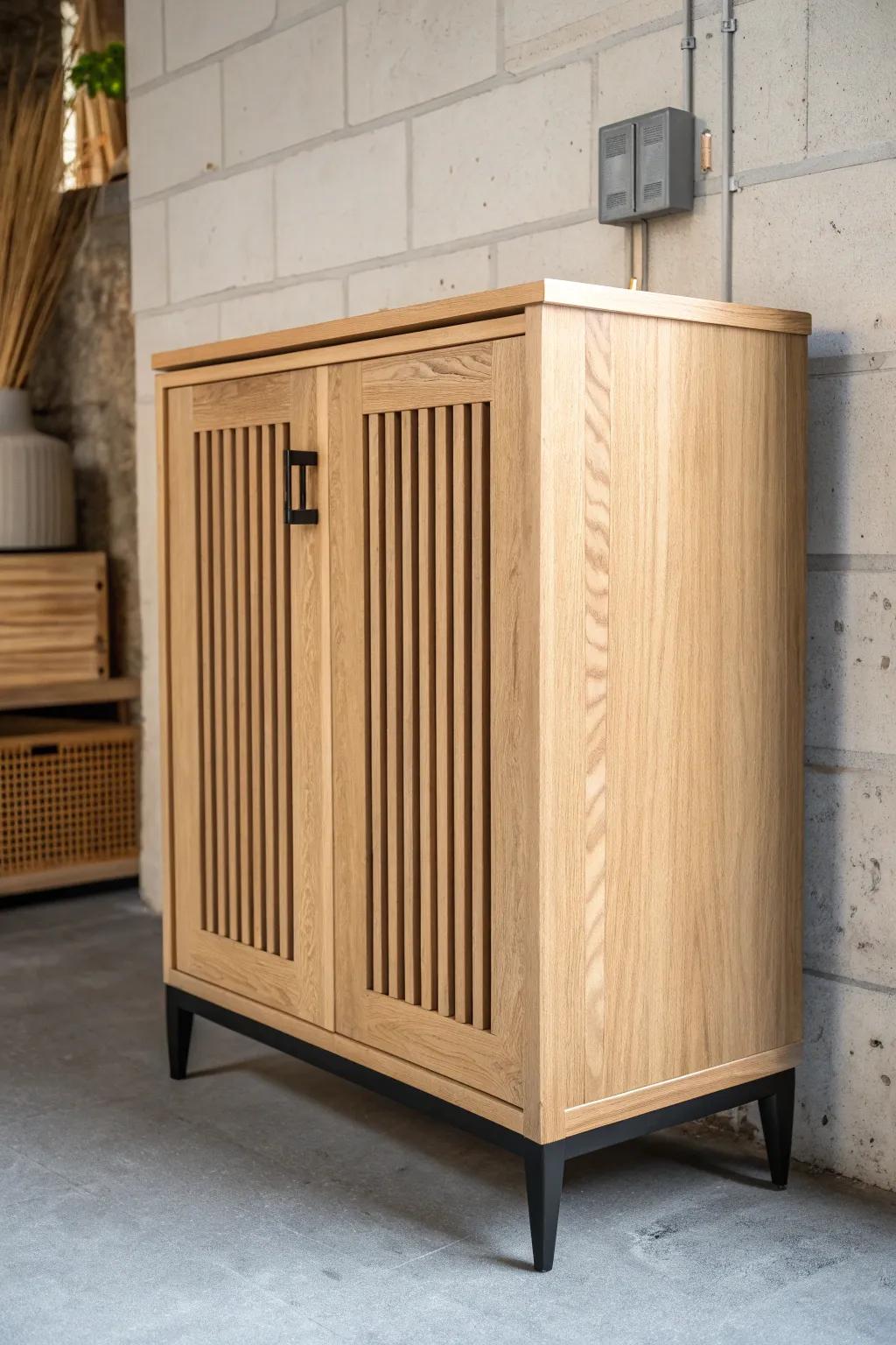 Hide the dehumidifier in style—slatted panels keep airflow high and the basement chic.