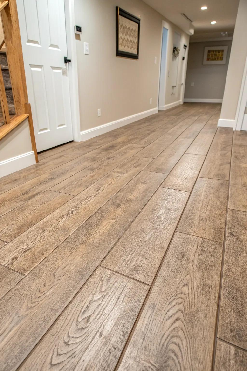 Wood-look basement floors on a budget: plank-style stenciled concrete with warm, modern contrast.