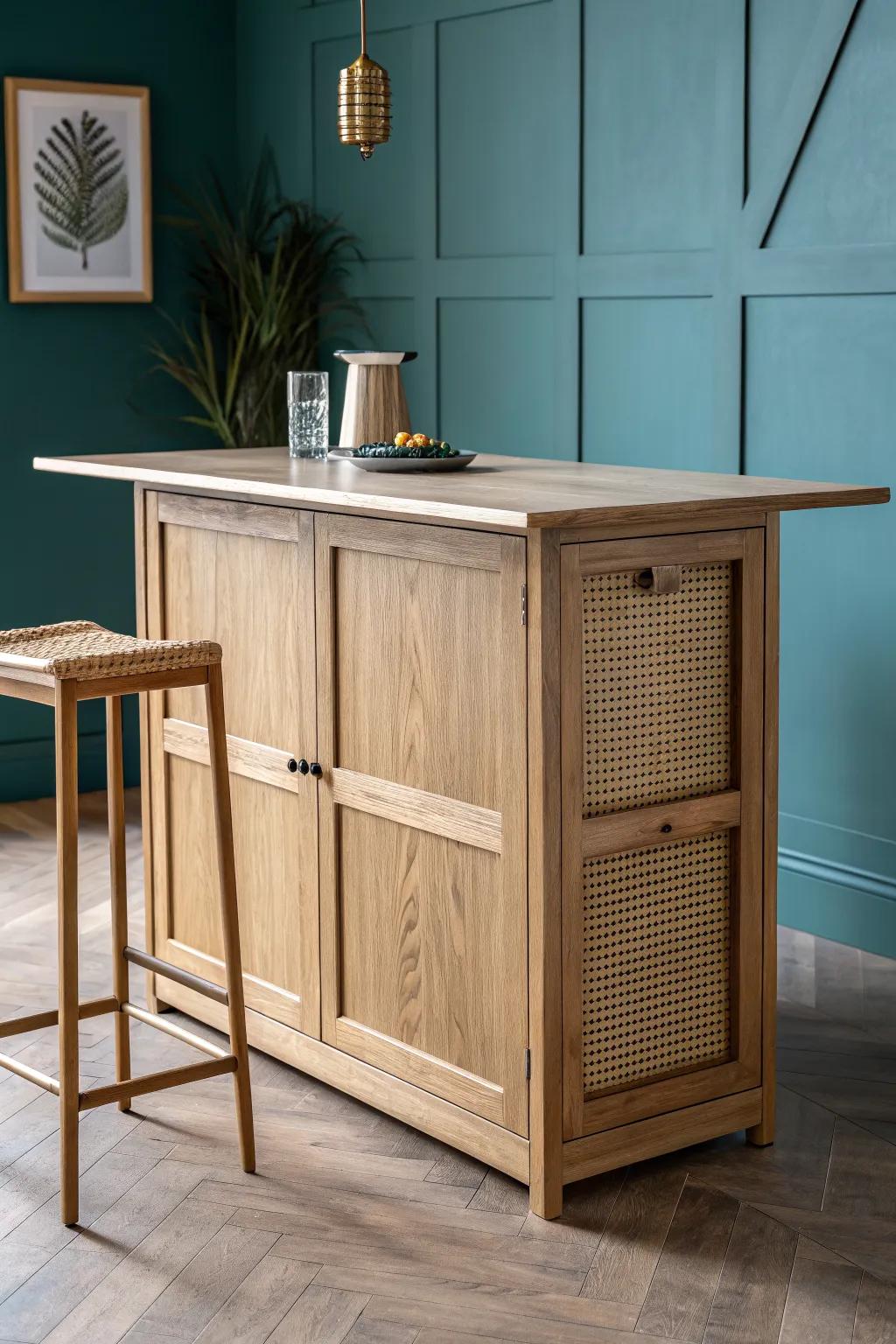 Flip-up countertop leaf turns your basement bar into a game-night table—then disappears.