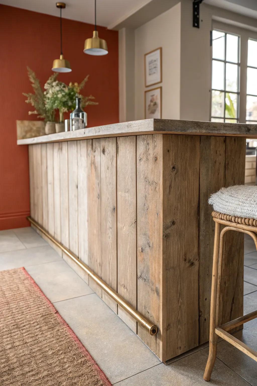 Reclaimed wood bar front + brass foot rail—rustic warmth with a clean, modern finish.