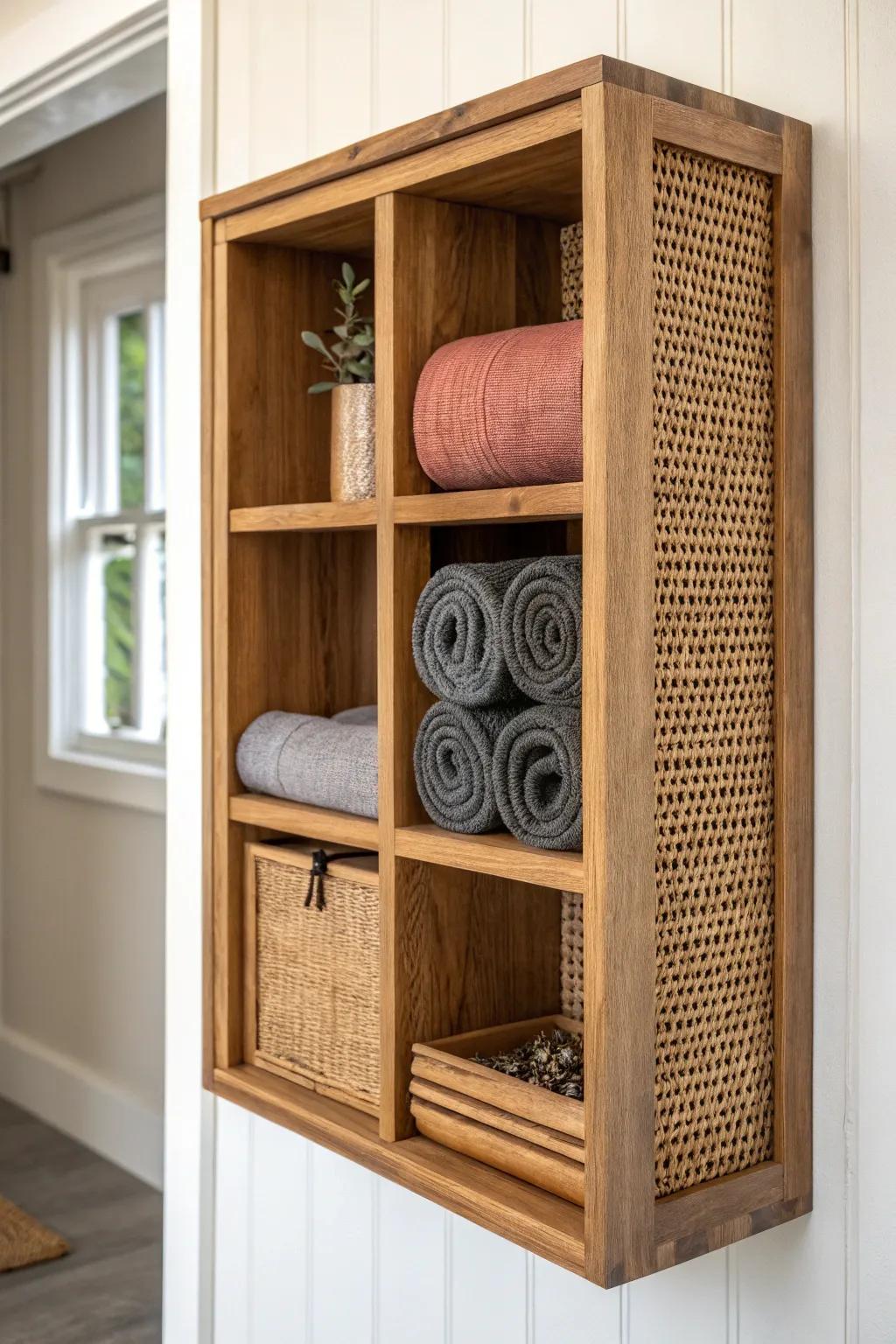 A handcrafted oak cubby keeps bands and mats tidy—mini gym style without the clutter.
