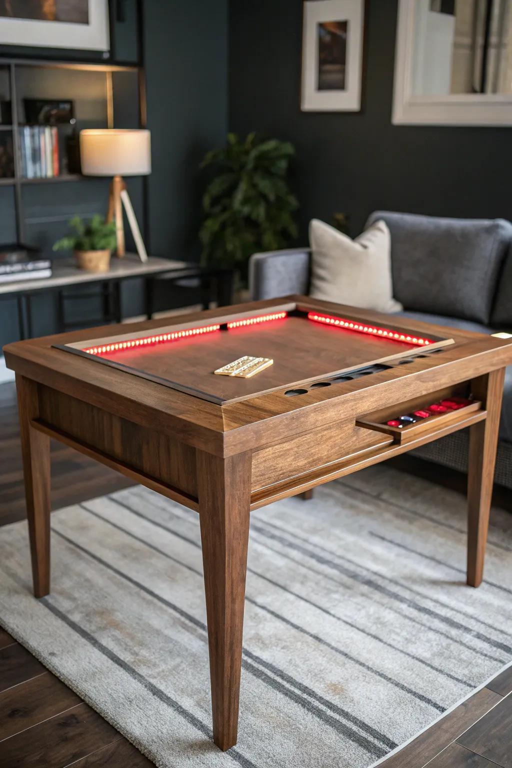 A walnut LED-inlay table that adds soft mood lighting—perfect for basement game nights.
