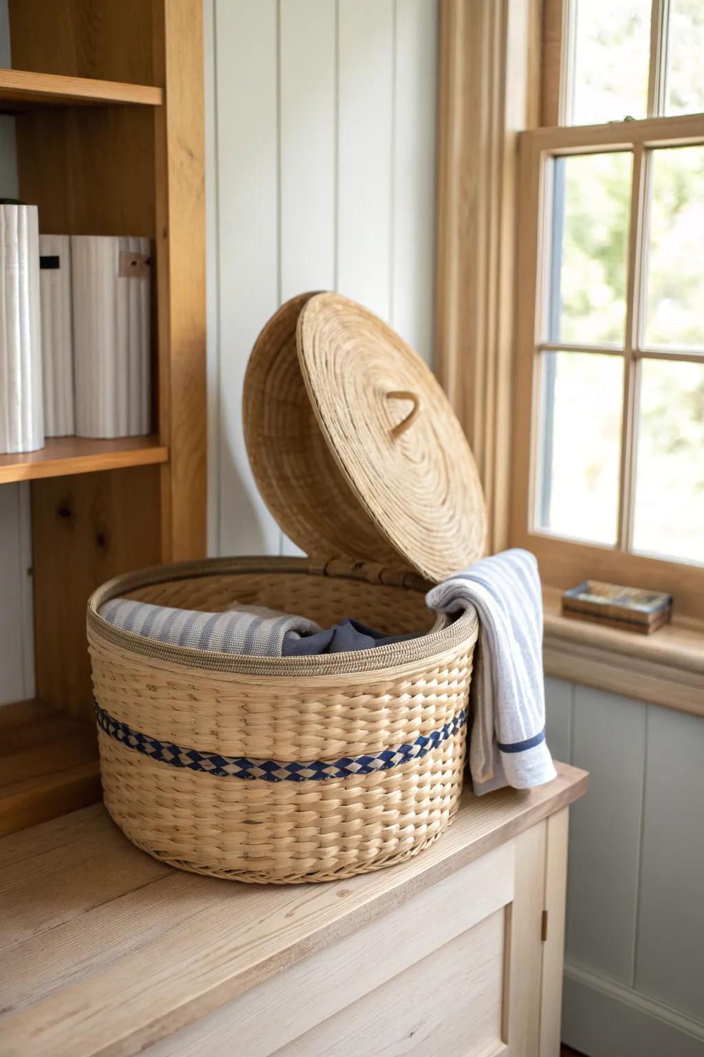 Half-door basket styling: show the pretty linens, hide the supplies—Scandi-boho shelf magic.