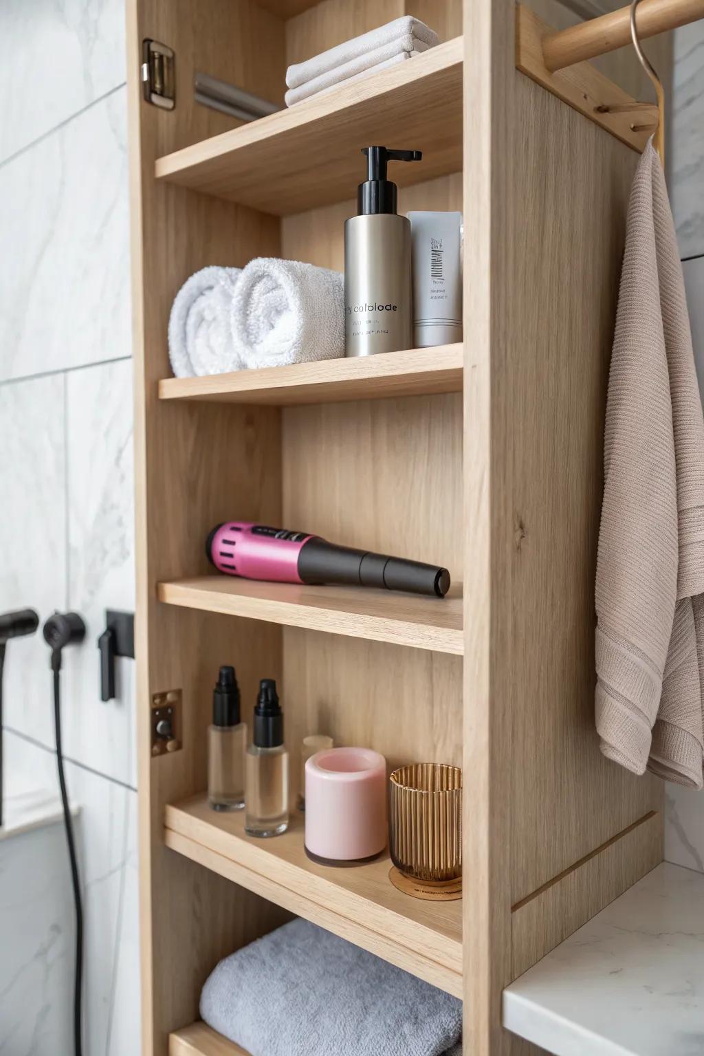 A simple oak dowel-divider shelf keeps hot tools tidy and cords untangled in the closet.