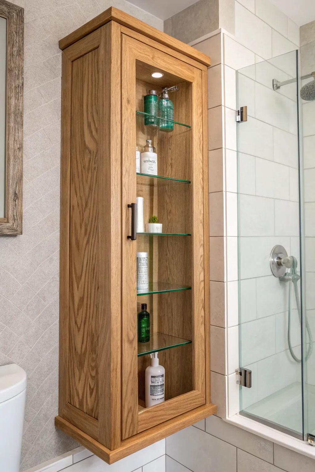 Shower-safe corner cabinet + sealed niche—warm oak craftsmanship with bold tile contrast.