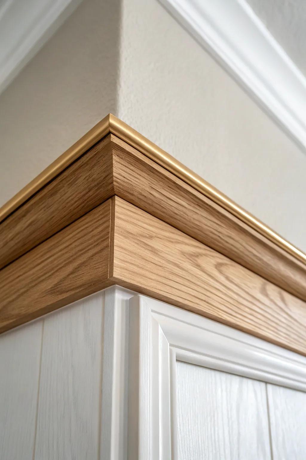 Light oak crown molding with a brushed brass inlay—an unexpected, custom bathroom upgrade.