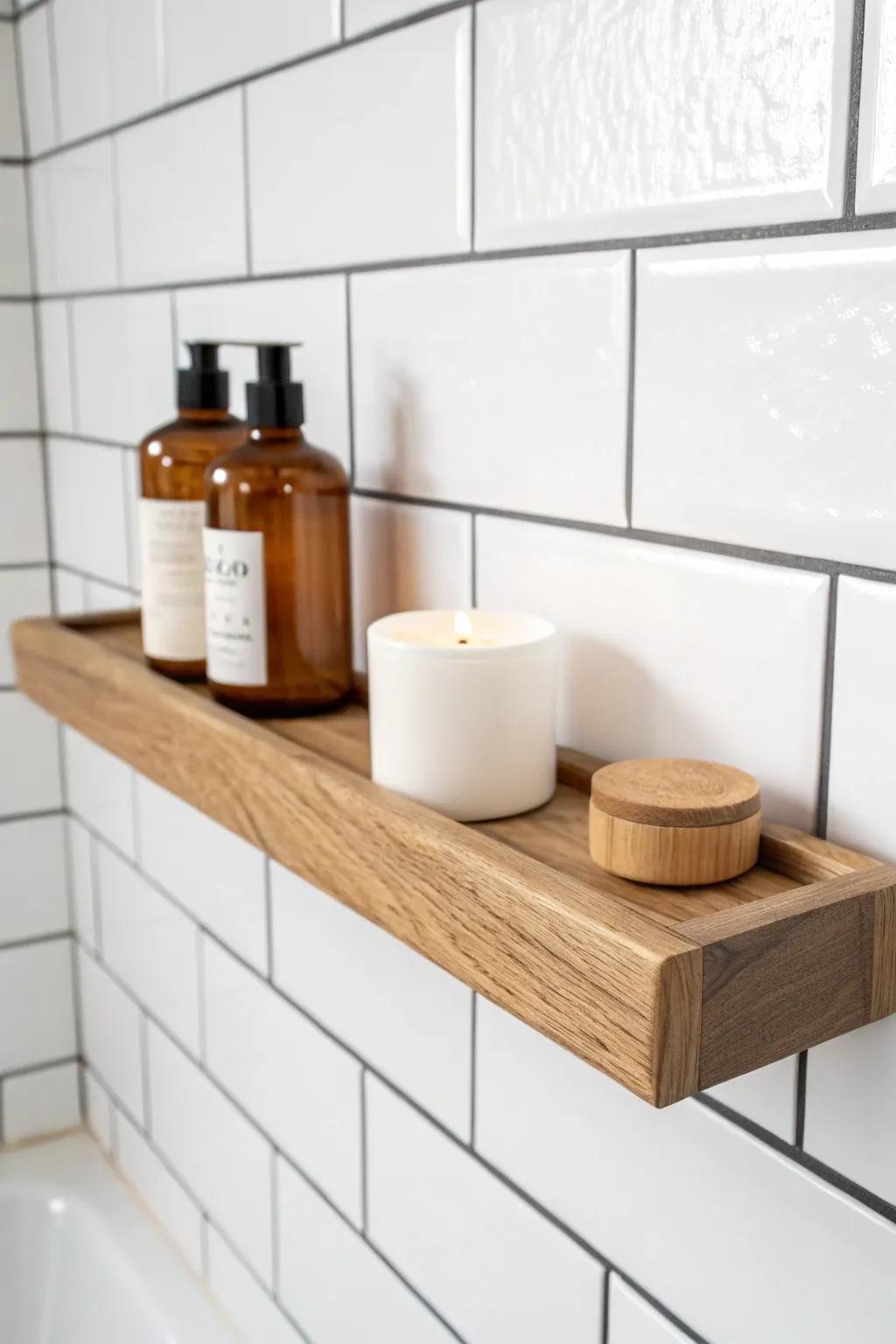 Handcrafted oak floating shelf with lip rail—pretty styling, no tipping bottles in sight.