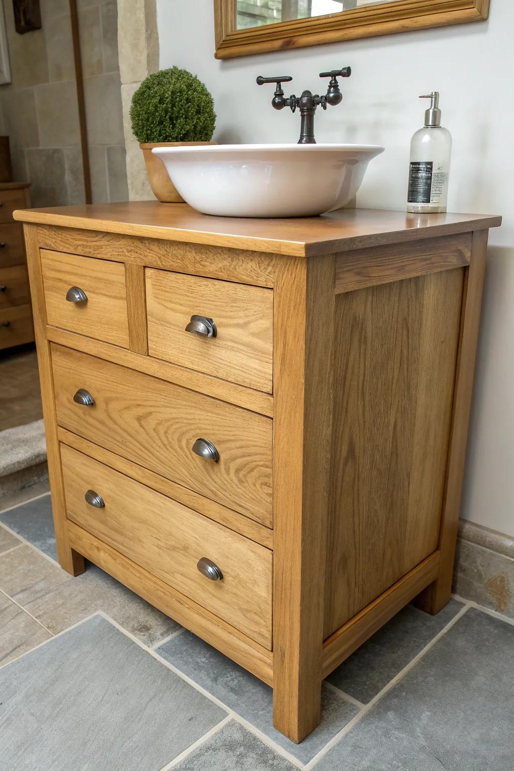 Upcycled dresser bathroom island: vintage charm, sealed wood top, and storage in style.