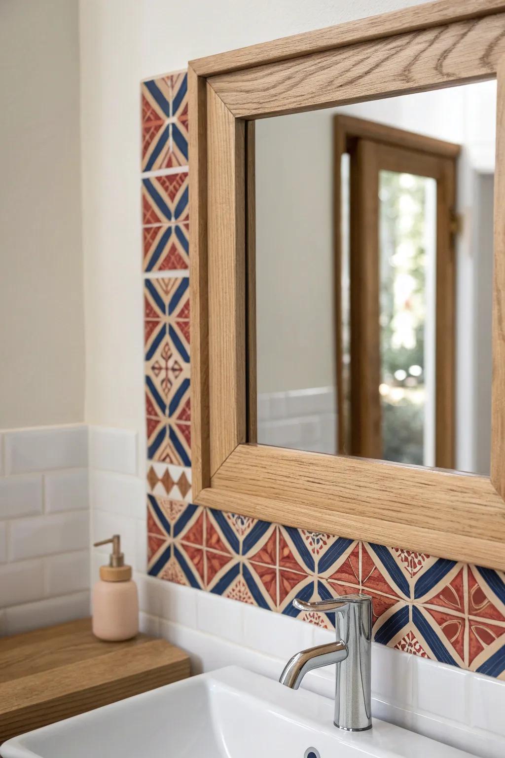 Warm oak meets wipeable tile: a flush inlay border for a clean, bold bathroom mirror frame.