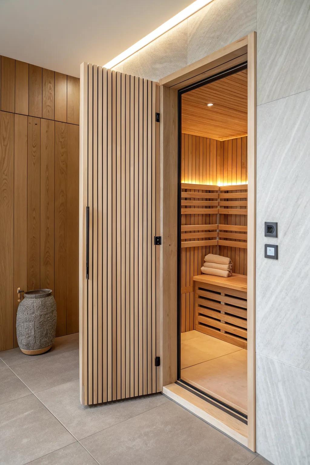 A slatted feature wall with a hidden door—open it to reveal a warm, private sauna glow.