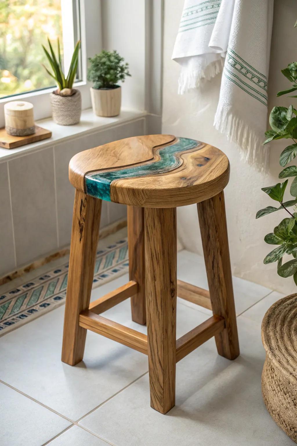 A statement bathroom stool with teal resin inlay and dramatic grain—minimal, bold, handmade.
