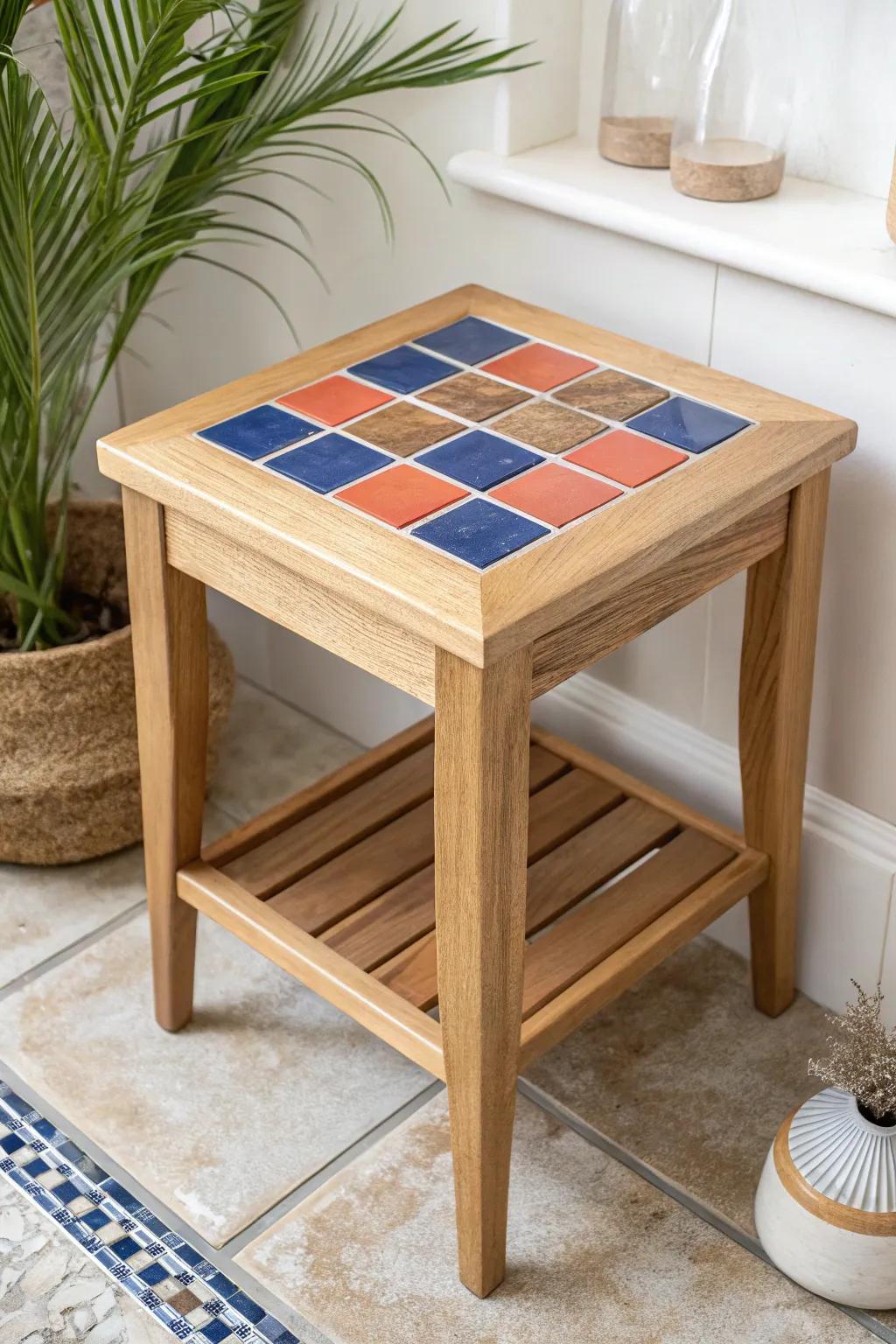 Light oak bathroom table with a bold tile-inset top—waterproof, custom, and Pinterest-pretty.