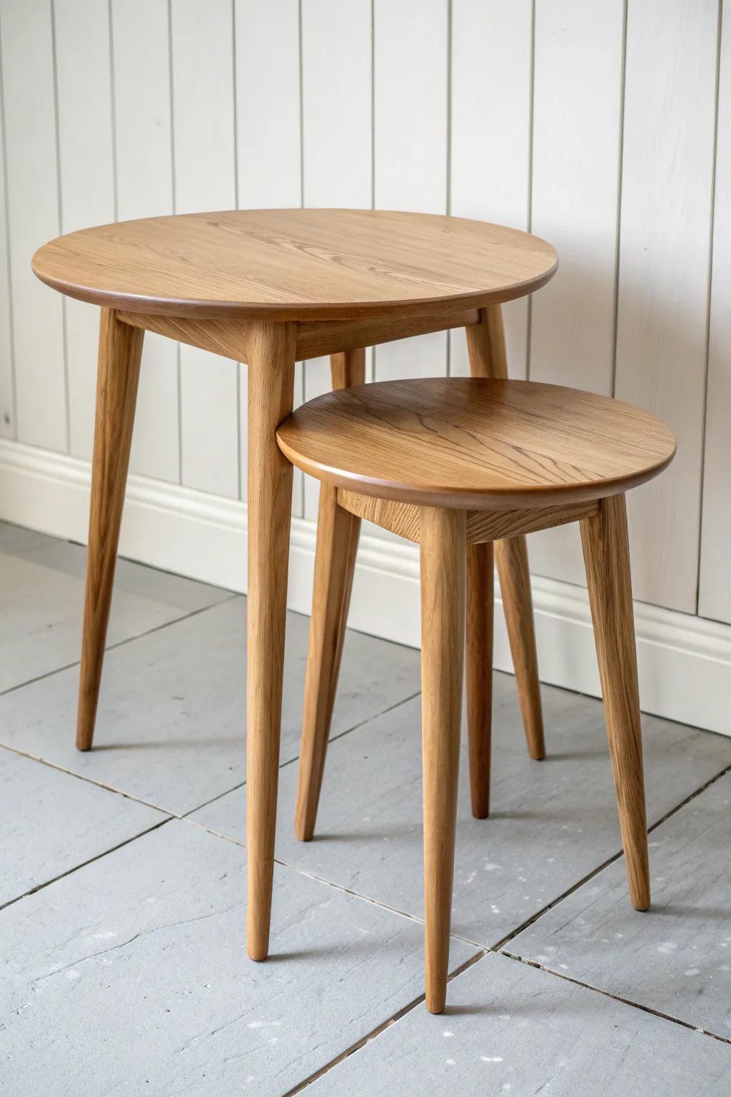 Oak nesting bathroom tables—one stays out, one tucks in. Flexible, space-saving, and beautiful.