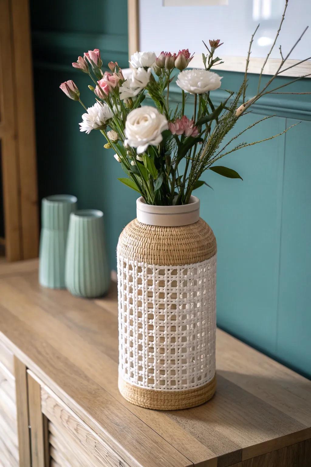 Soften your vanity: wrap a plain vase with cane or linen for instant organic charm.