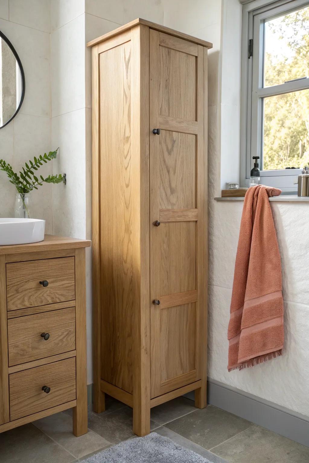 Mirror-backed vanity tower in pale oak—bright, airy, and beautifully minimal with a boho pop.
