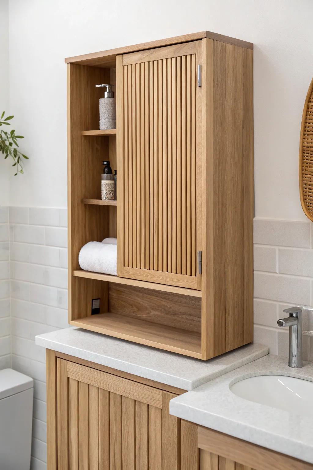 A roll-top tambour upper cabinet—sleek oak slats and a bold terracotta pop for wow-factor.