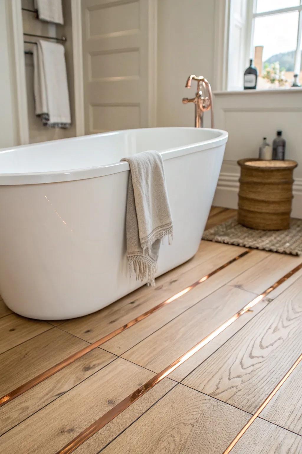 A thin copper strip at the tub seam adds jewelry-like shine while hiding the floor gap.