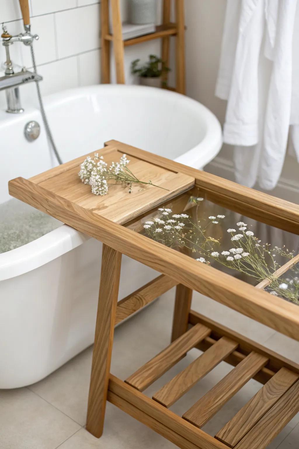 Resin-inlay spill‑proof bath tray—glossy, recessed top that shrugs off water rings.