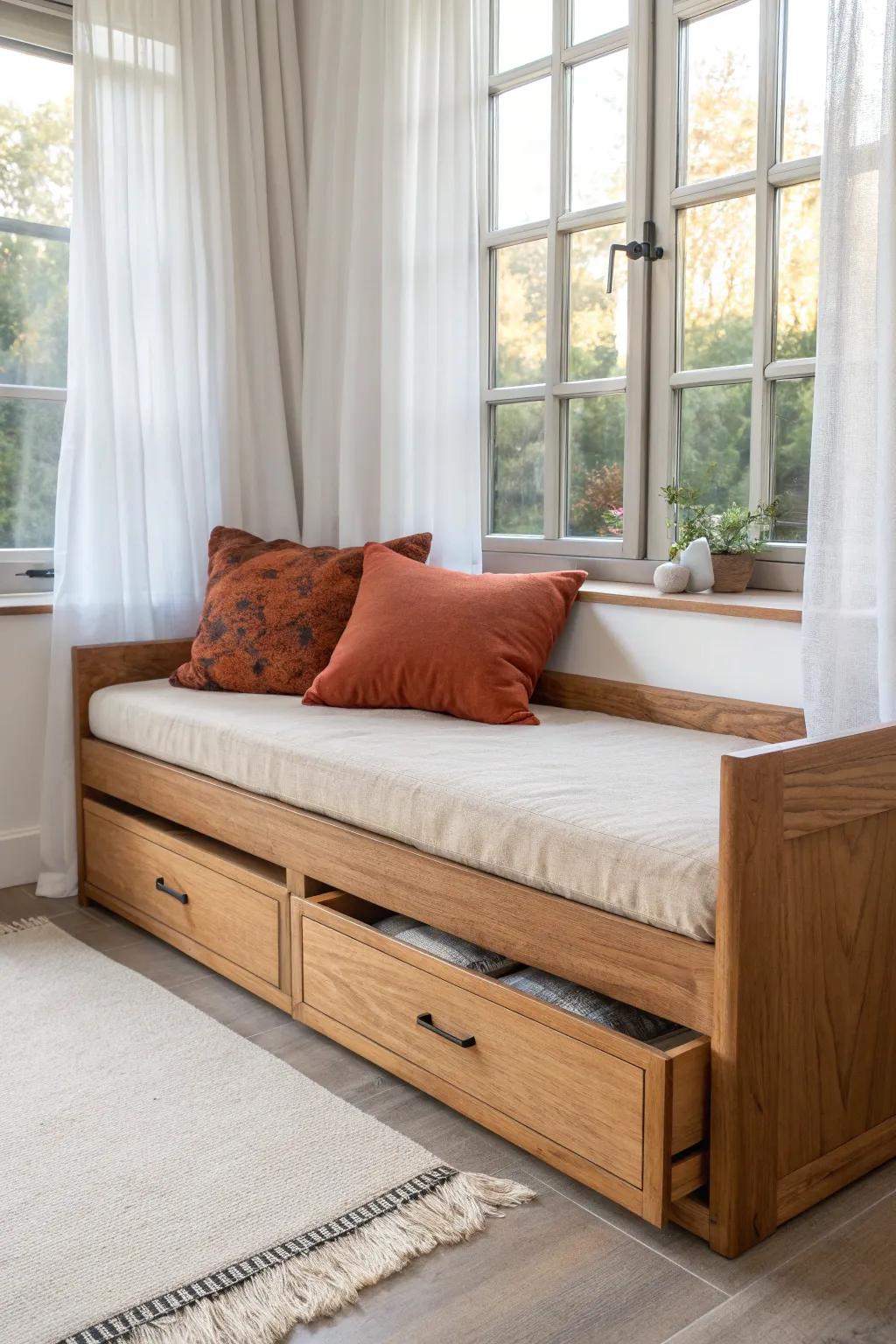 A slide-out daybed extension turns your bay window bench into a nap-with-a-novel haven.