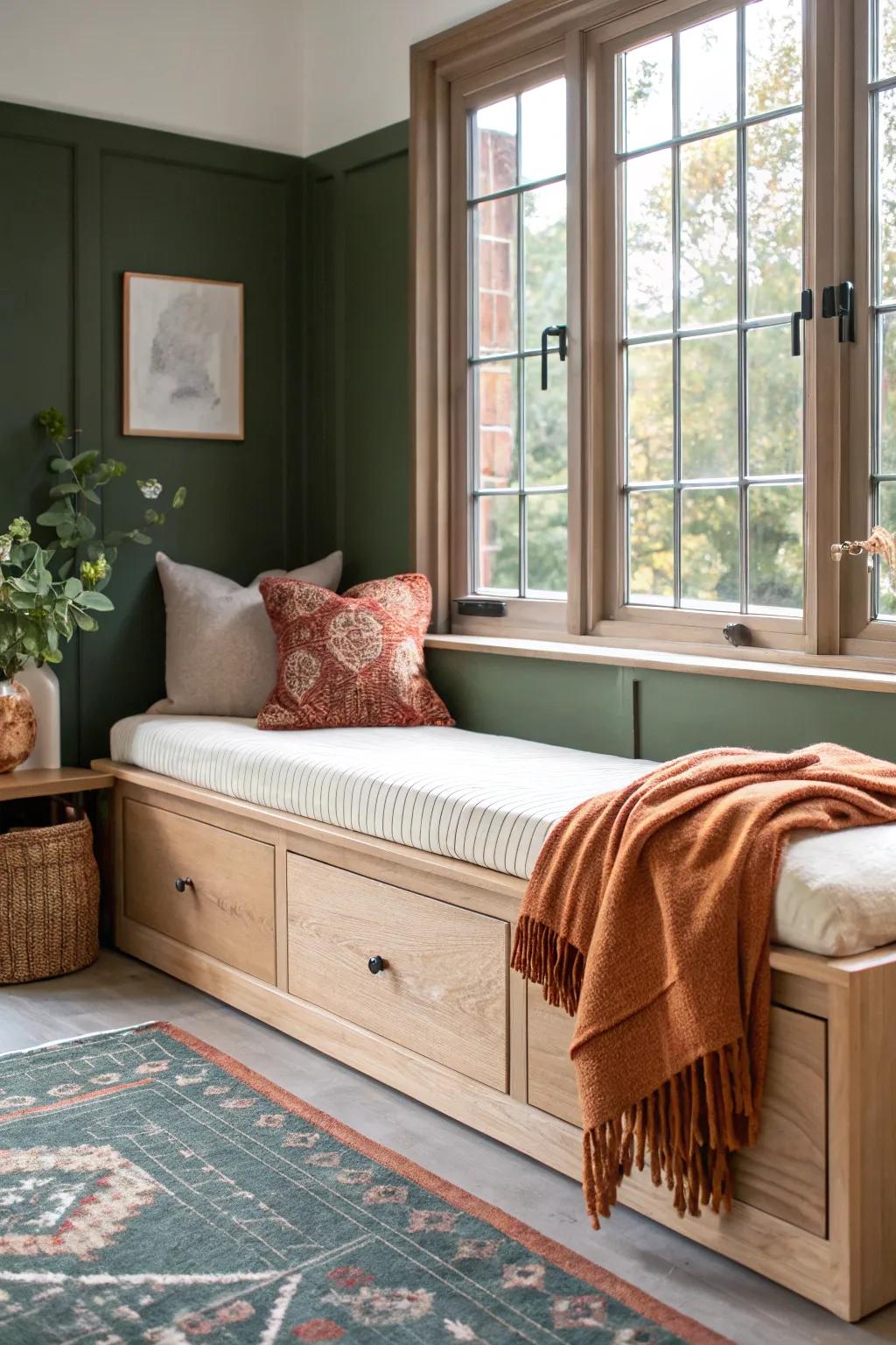 A tidy bay window seat with a hidden pull-out trundle—sleepover-ready without the clutter.