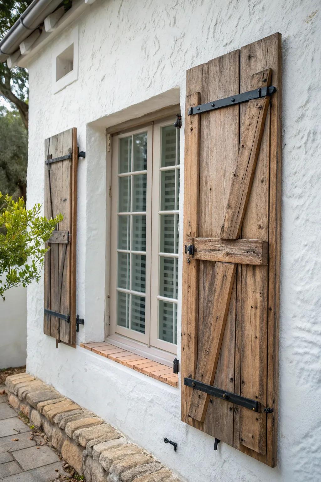 Reclaimed wood bay-window shutters—rich grain, old nail holes, and a modern matte hinge.